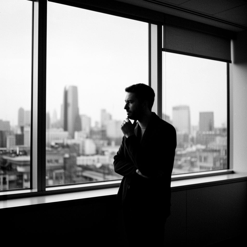 Founder at office window thinking about runway